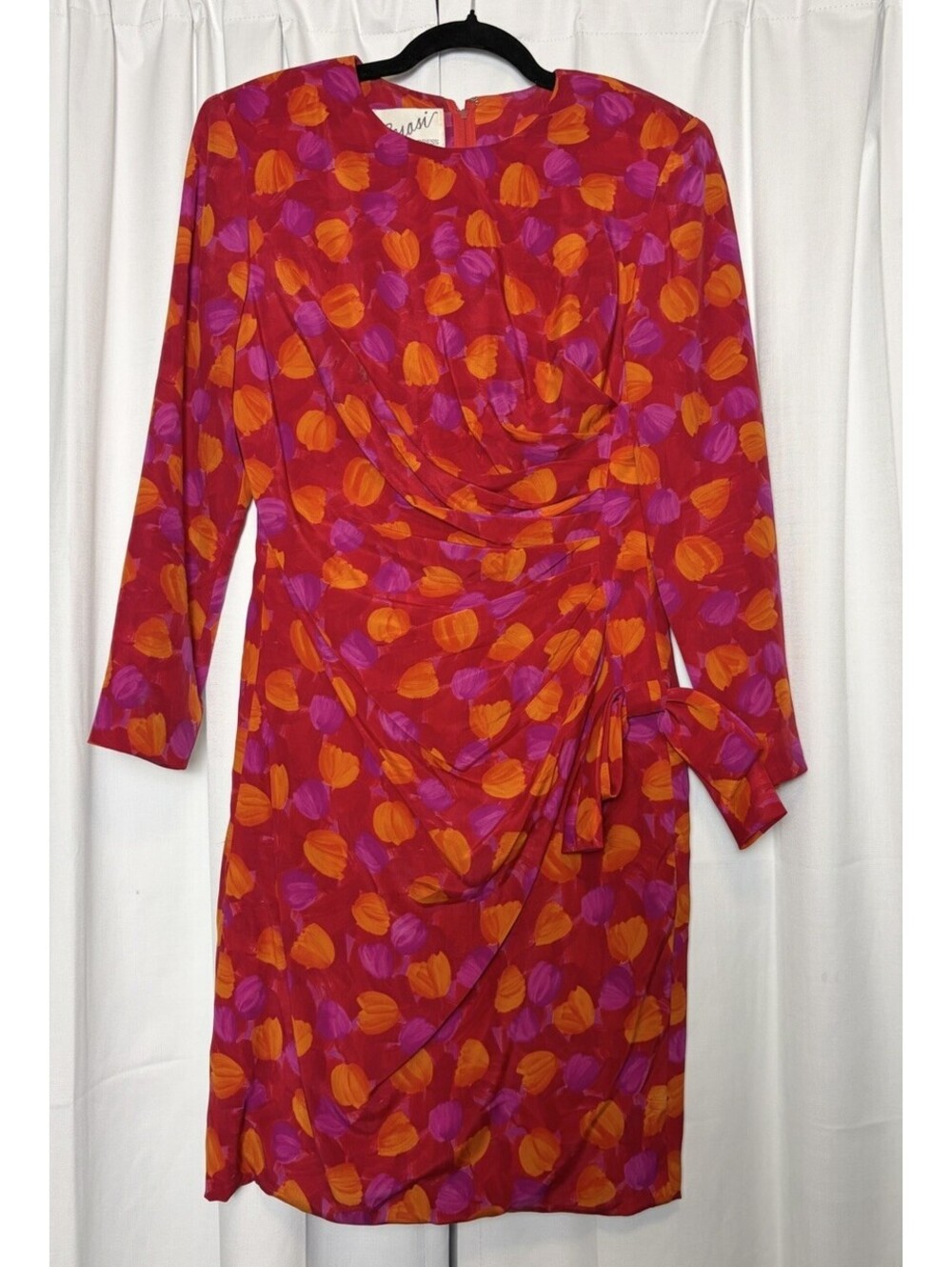 Vintage 1980s Scassi Silk Pink & Orange Silk Reached Bow Long Sleeve Dress S/M